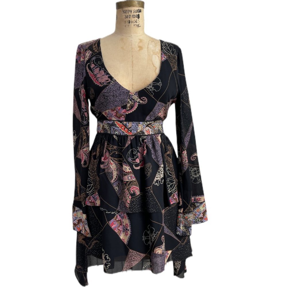Elizabeth and James Silk Layered Asian Print Flowy Mini Dress sz 4